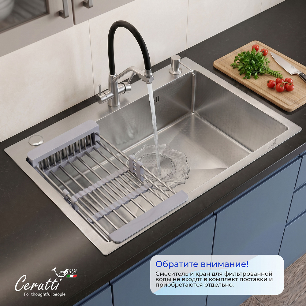 Кухонная мойка Ceruttispa ГЛОРИЯ (GLORIA) 7050 nano embos (матовый хром) из нержавеющей стали (700х500х220)