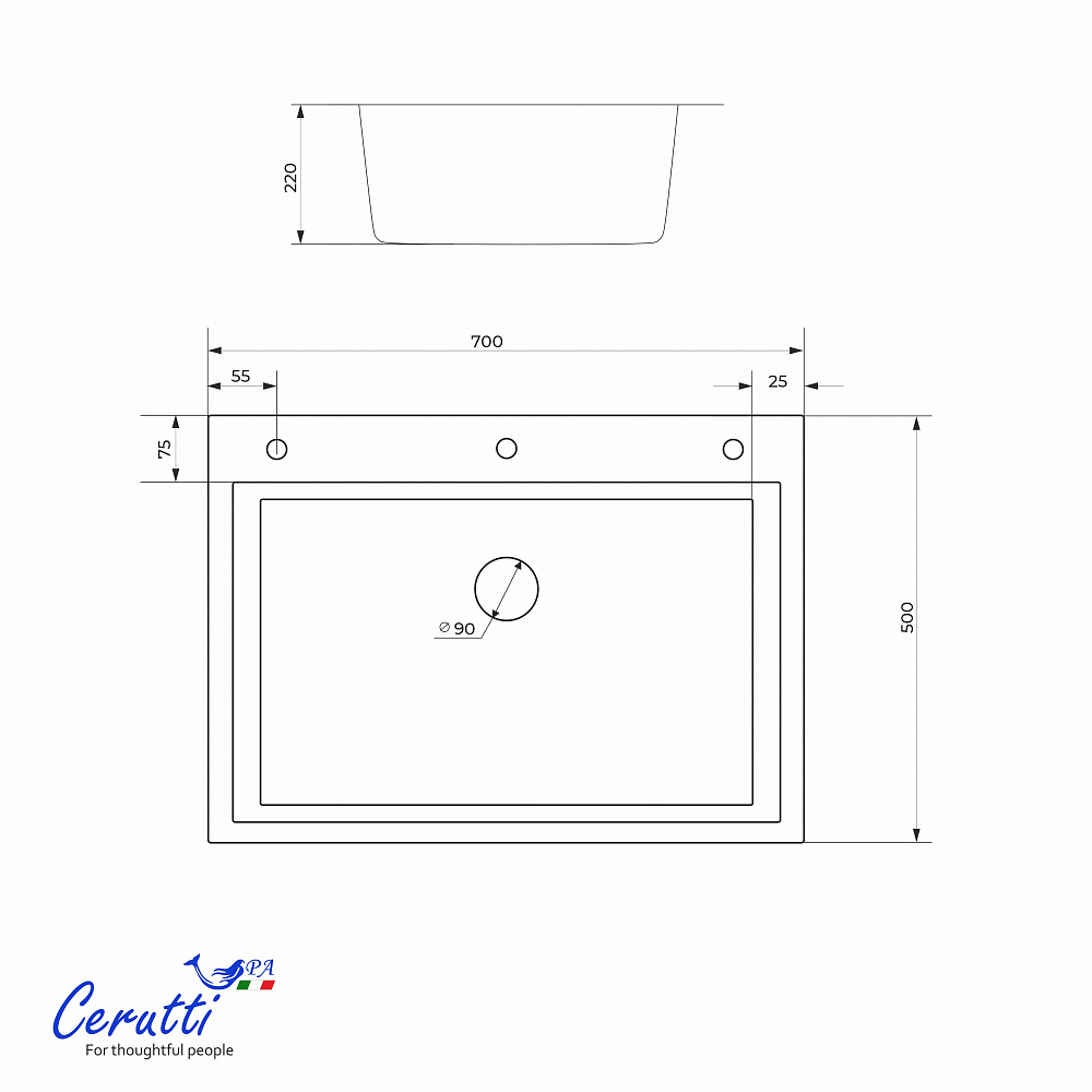 Кухонная мойка Ceruttispa ГЛОРИЯ (GLORIA) 7050B nano black (графит) из нержавеющей стали (700х500х220)  