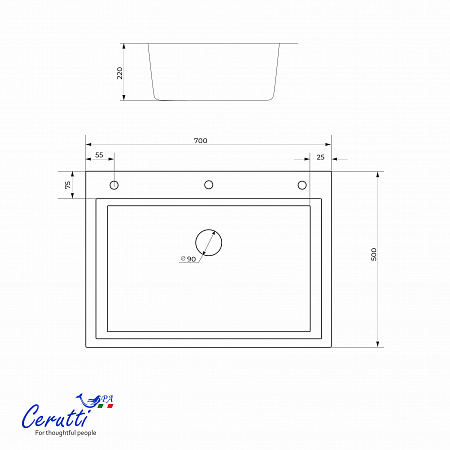 Кухонная мойка Ceruttispa ГЛОРИЯ (GLORIA) 7050B nano black (графит) из нержавеющей стали (700х500х220)  