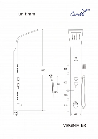 Душевая панель Ceruttispa ВИРДЖИНИЯ (VIRGINIA) BR CT9983  из нержавеющей стали, цвет матовая нержавеющая сталь