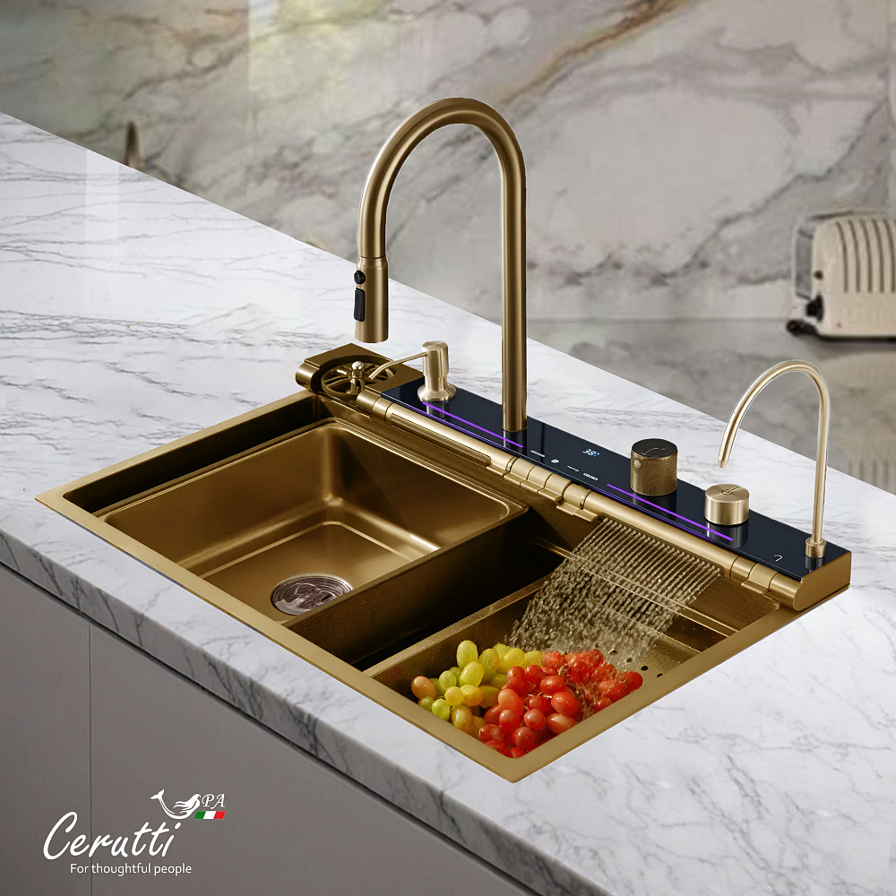 Многофункциональная кухонная мойка Ceruttispa ГЛОРИЯ (GLORIA) Pro nano gold (золото) из нержавеющей стали (750х460х230)  
