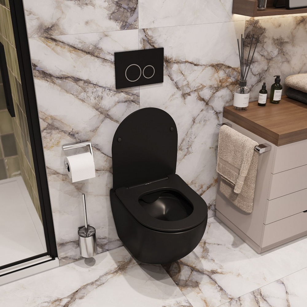 Унитаз подвесной Ceruttispa СЕЛЛА (SELLA) Aria MB CT9160 черный матовый, ТЕРМООБЖИГ (не плёнка) безободковый  (490х360х325) 