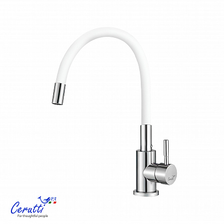 Cмеситель для кухни Ceruttispa АТЭНА H-W (ATENA H-W) из нержавеющей стали, цвет хром, излив белый