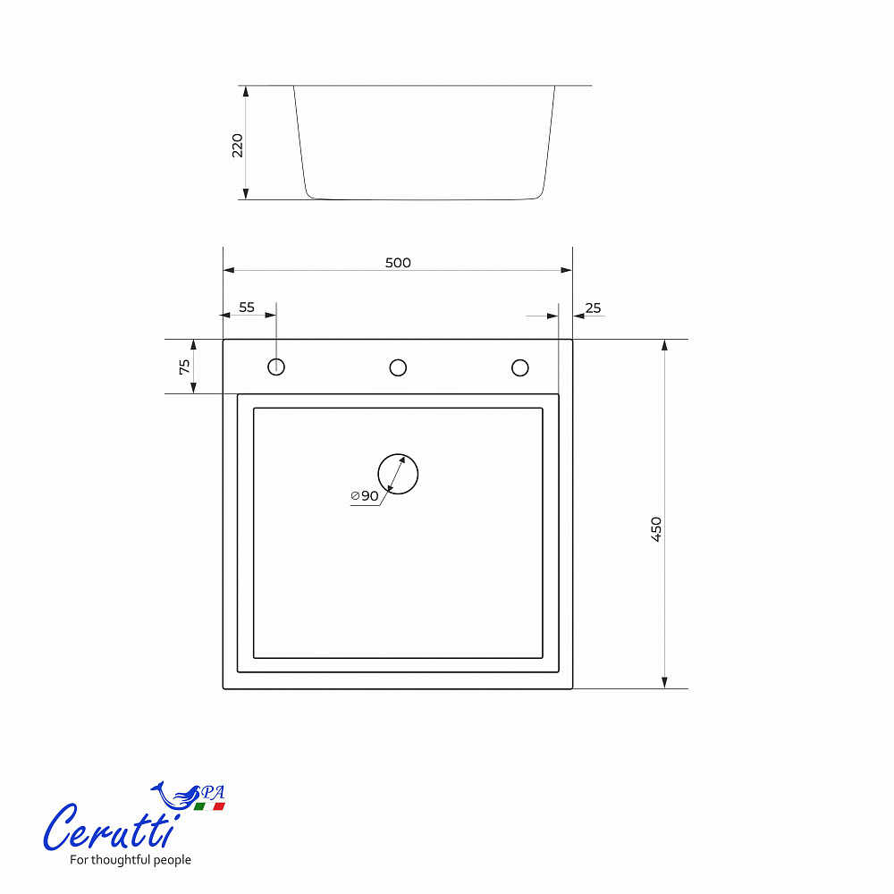 Кухонная мойка Ceruttispa ГЛОРИЯ (GLORIA) 5045 nano embos (матовый хром) из нержавеющей стали (500х450х220)