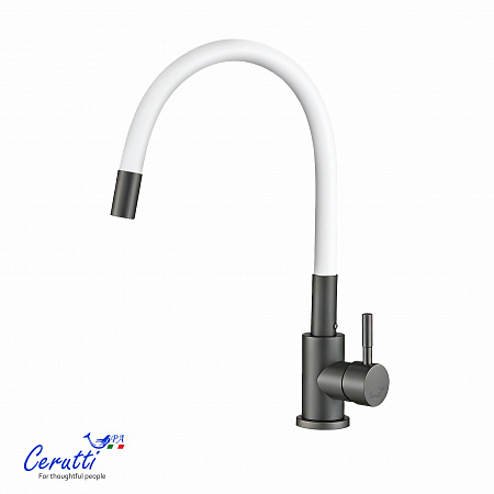 Cмеситель для кухни Ceruttispa АТЭНА GG-W (ATENA GG-W) из нержавеющей стали, цвет графит, излив белый