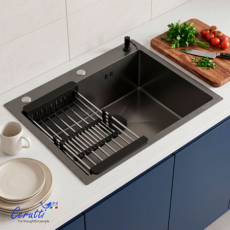 Кухонная мойка Ceruttispa ГЛОРИЯ (GLORIA) 6045B nano black (графит) из нержавеющей стали (600х450х220)  