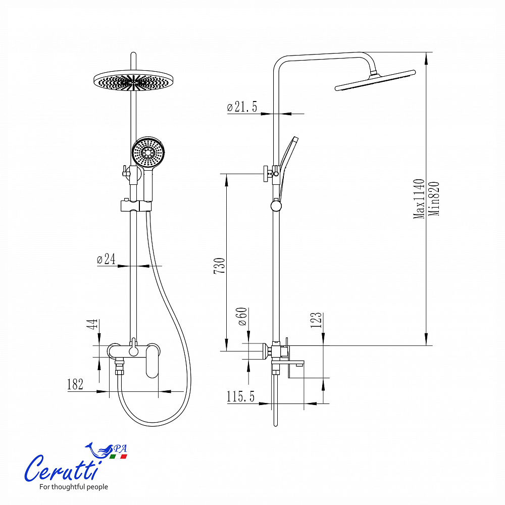 Душевая стойка Ceruttispa ОРАЦИО II RS (ORAZIO II RS) из латуни, цвет хром