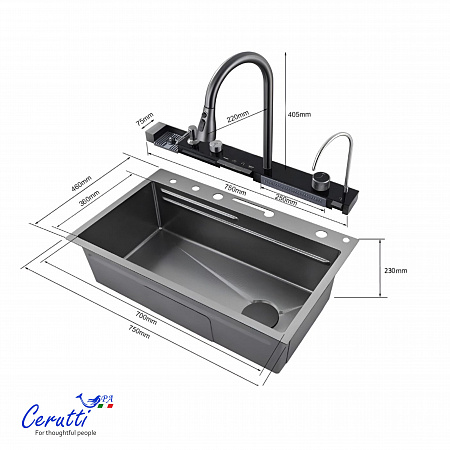 Многофункциональная кухонная мойка Ceruttispa ГЛОРИЯ (GLORIA) Pro nano black (графит) из нержавеющей стали (750х460х230)  