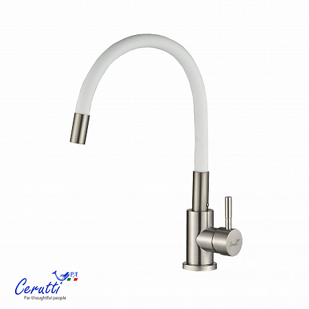 Cмеситель для кухни Ceruttispa АТЭНА BN-W (ATENA BN-W) из нержавеющей стали, цвет матовый никель, излив белый
