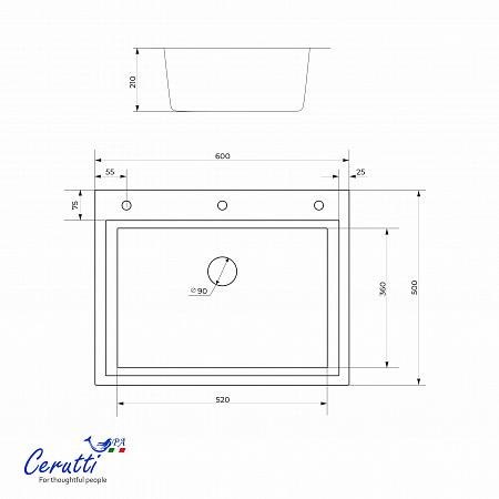 Кухонная мойка Ceruttispa ГЛОРИЯ (GLORIA) 60B nano black (графит) из нержавеющей стали (600х500х220)  