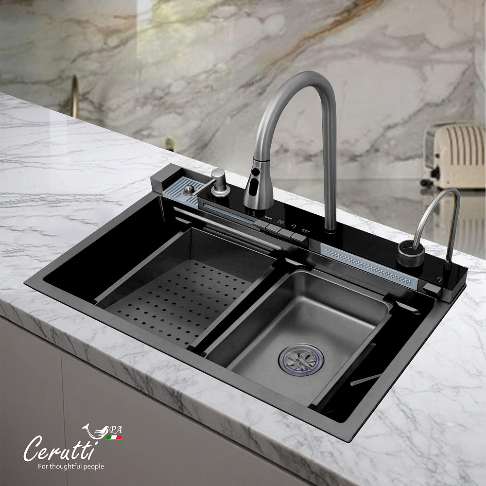 Многофункциональная кухонная мойка Ceruttispa ГЛОРИЯ (GLORIA) II nano black (графит) из нержавеющей стали (750х460х230)  