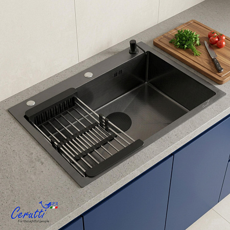 Кухонная мойка Ceruttispa ГЛОРИЯ (GLORIA) 7050B nano black (графит) из нержавеющей стали (700х500х220)  