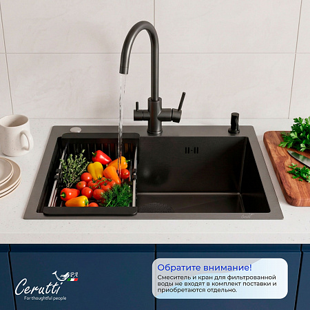 Кухонная мойка Ceruttispa ГЛОРИЯ (GLORIA) 6045B nano black (графит) из нержавеющей стали (600х450х220)  