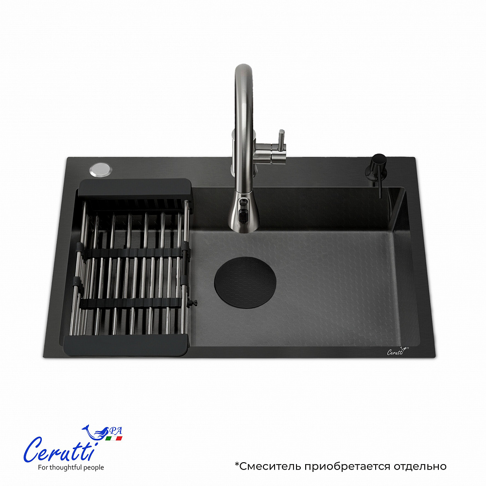 Кухонная мойка Ceruttispa ГЛОРИЯ (GLORIA) 7050B nano black (графит) из нержавеющей стали (700х500х220)  