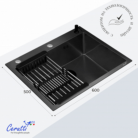 Кухонная мойка Ceruttispa ГЛОРИЯ (GLORIA) 60B nano black (графит) из нержавеющей стали (600х500х220)  