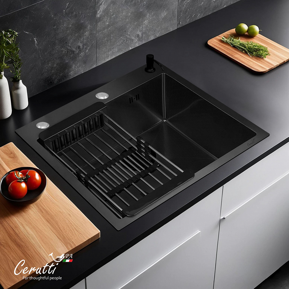 Кухонная мойка Ceruttispa ГЛОРИЯ (GLORIA) 50B nano black (графит) из нержавеющей стали (500х500х220)  