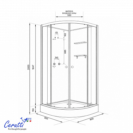 Душевая кабина Ceruttispa БЕРНИНА (BERNINA) 91 (90x90x200) с душевой системой НИВЕС (NIVES) 