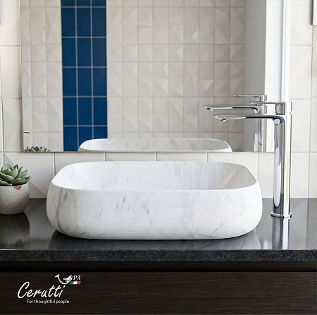 Раковина накладная Ceruttispa CR0086 MMW1 (565х400х145) мрамор матовый белый, прямоугольная