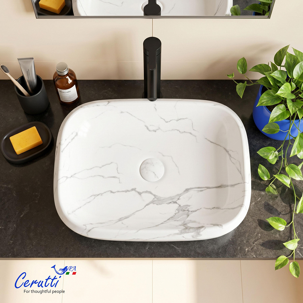 Раковина накладная Ceruttispa CR0086 MMW2 (565х400х145) мрамор матовый белый, прямоугольная