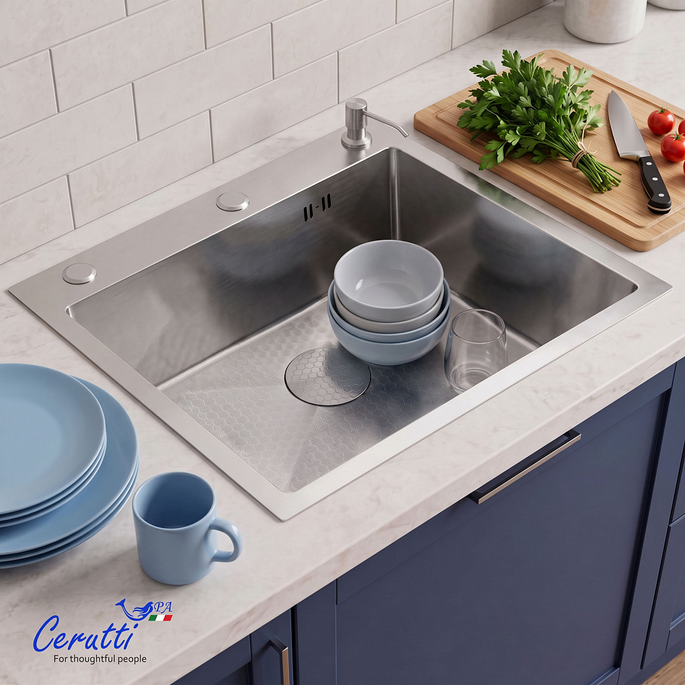Кухонная мойка Ceruttispa ГЛОРИЯ (GLORIA) 6045 nano embos (матовый хром) из нержавеющей стали (600х450х220)