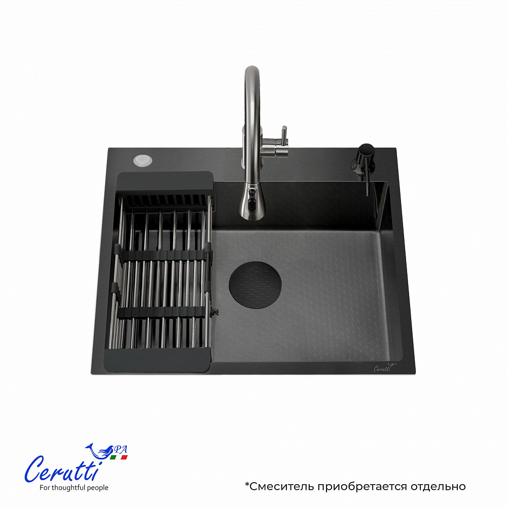 Кухонная мойка Ceruttispa ГЛОРИЯ (GLORIA) 50B nano black (графит) из нержавеющей стали (500х500х220)  
