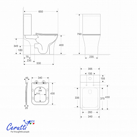 Унитаз напольный Ceruttispa ВЕТТОРЕ (VETTORE) Tornado CT11134 безободковый (650х340х790)