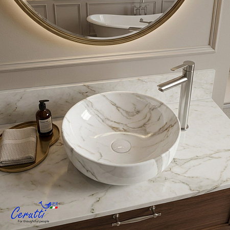 Раковина накладная Ceruttispa CR0098 (415х415х130) белый мрамор, круглая