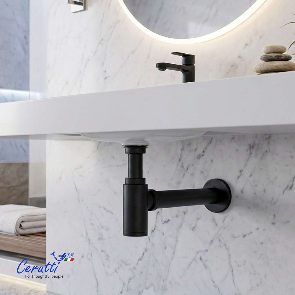 Сифон для раковины Ceruttispa CT1002B из нержавеющей стали, круглый, цвет черный матовый, с горизонтальным выпуском, регулируемой верхней частью