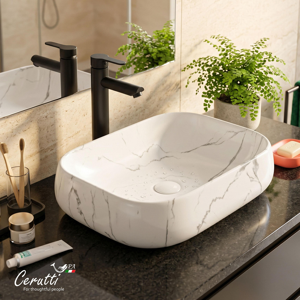 Раковина накладная Ceruttispa CR0086 MMW2 (565х400х145) мрамор матовый белый, прямоугольная