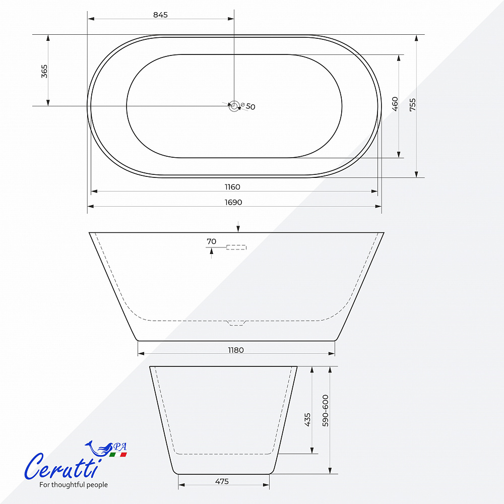 Акриловая ванна отдельностоящая Ceruttispa РЕЗИЯ (RESIA) 170II белая, со сливом-переливом (1700x750x600)