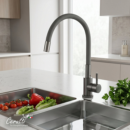 Cмеситель для кухни Ceruttispa АТЭНА GG-G (ATENA GG-G) из нержавеющей стали, цвет графит, излив серый