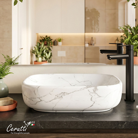 Раковина накладная Ceruttispa CR0086 MMW2 (565х400х145) мрамор матовый белый, прямоугольная