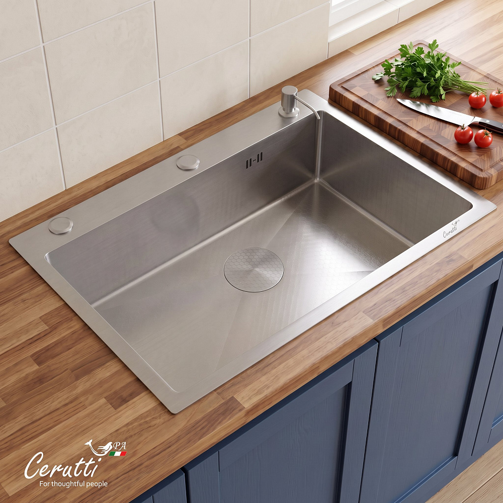 Кухонная мойка Ceruttispa ГЛОРИЯ (GLORIA) 7050 nano embos (матовый хром) из нержавеющей стали (700х500х220)