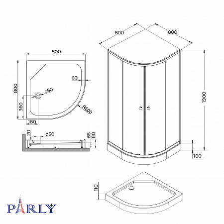 Душевой уголок с поддоном PARLY ZF81N (80х80х190)