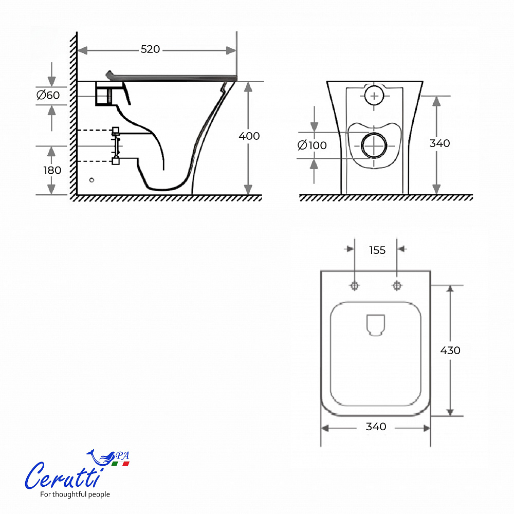 Унитаз приставной Ceruttispa ВЕТТОРЕ (VETTORE) F CT7841 безободковый (520х340х400)