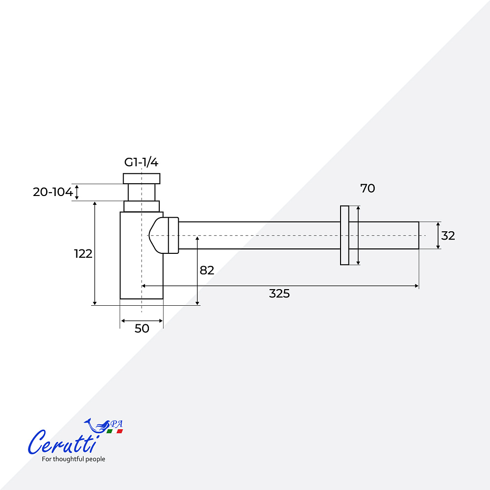 Сифон для раковины Ceruttispa CT1018 из нержавеющей стали, квадратный, цвет хром, с горизонтальным выпуском, регулируемой верхней частью