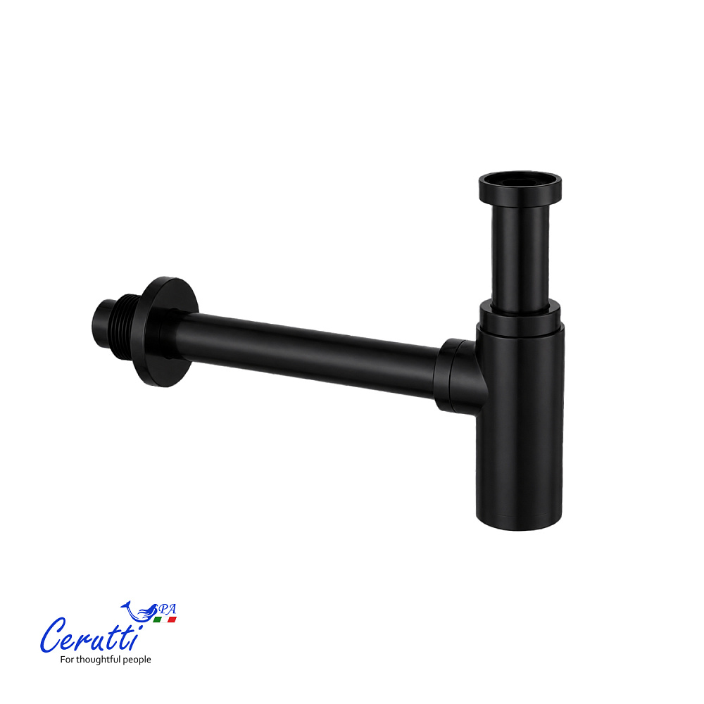Сифон для раковины Ceruttispa CT1002B из нержавеющей стали, круглый, цвет черный матовый, с горизонтальным выпуском, регулируемой верхней частью