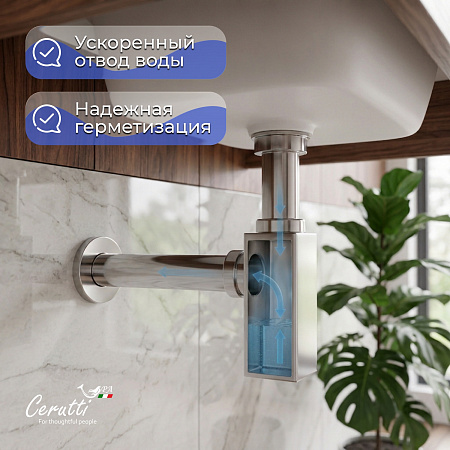 Сифон для раковины Ceruttispa CT1018 из нержавеющей стали, квадратный, цвет хром, с горизонтальным выпуском, регулируемой верхней частью